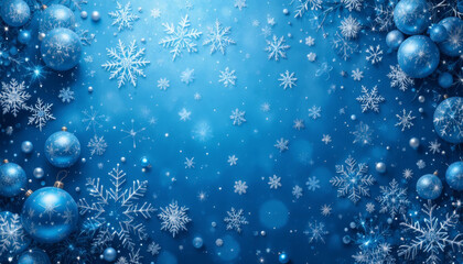 Blue and silver Christmas theme with snowflakes and baubles, cold winter aesthetic