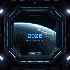 Obraz premium Celebrate the New Year 2026 in Space with a Futuristic View of Earth from Spaceship Window