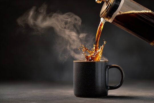 Black Coffee Pouring From A French Press Into A Ceramic Mug, Visible Steam Rising, Realistic Motion Splash, Cinematic Morning Light Reflections, Transparent Background For C