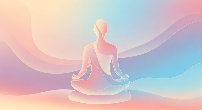 Mindful meditation silhouette on serene pastel gradient waves background vector illustration - Powered by Adobe