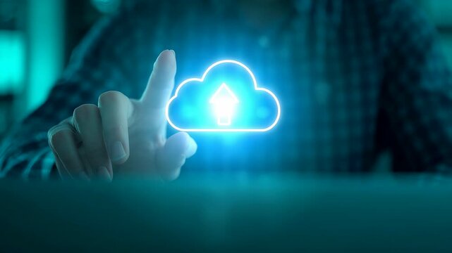 Man interacting with glowing blue cloud hologram on a digital interface, highlighting modern cloud computing, data access, and smart technology concepts