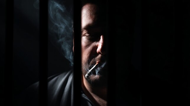 A somber man with medium complexion smokes a cigarette behind bars, embodying a moment of reflection in shadows.