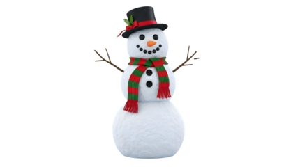 Cute inflatable snowman with top hat and scarf isolated on transparent background