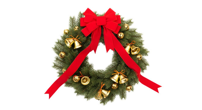 Christmas wreath with red bow and golden bells isolated on transparent background