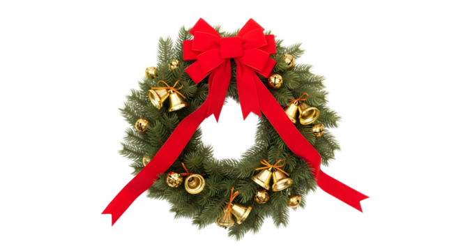 Christmas wreath with red bow and golden bells isolated on transparent background