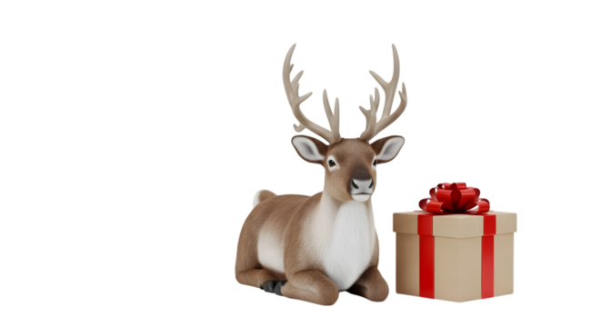 Reindeer with christmas gift isolated on transparent background