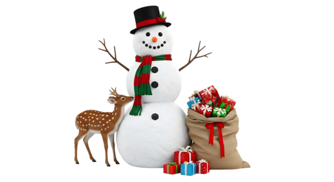 Christmas snowman with deer and gifts isolated on transparent background
