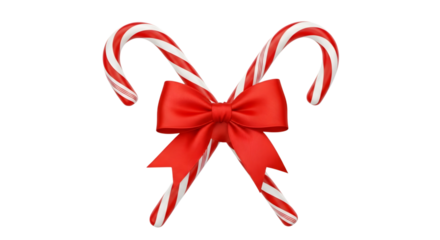 Two candy canes tied with red bow isolated on transparent background