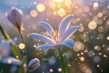 Beautiful white flower glistening in morning sunlight with water droplets