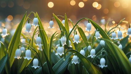 White bell-shaped flowers sway gently in a field at sunset