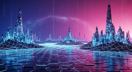 Digital metropolis with glowing structures, data streams, and neon colors illustration