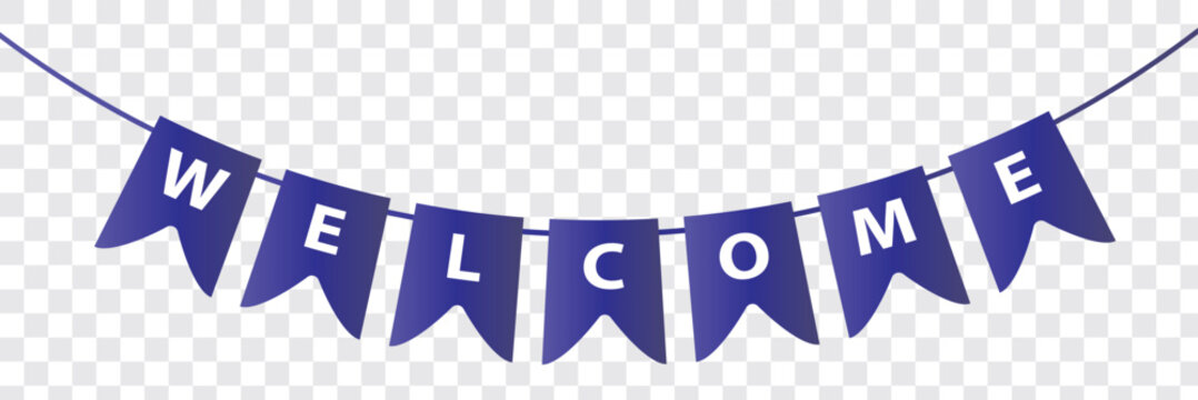 Welcome card or banner with typography design. Vector illustration with retro light bulbs font, streamers, confetti and hanging flag garlands. Welcome card concept, typography Best design. Eps 10.