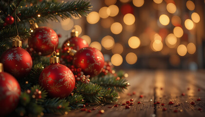 Christmas background with red and gold ornaments, pine branches, and bokeh lights, festive mood