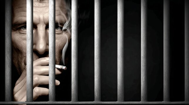 A male figure, shrouded in shadows, smokes a cigarette behind prison bars, evoking a mood of despair and confinement.