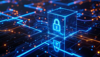 Obraz premium Blue digital cube with padlock icon symbolizing secure data storage and network protection in modern cybersecurity concept