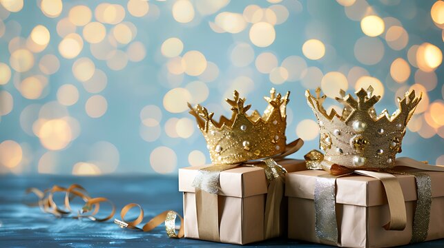 Golden crowns resting on gift boxes with festive bokeh background