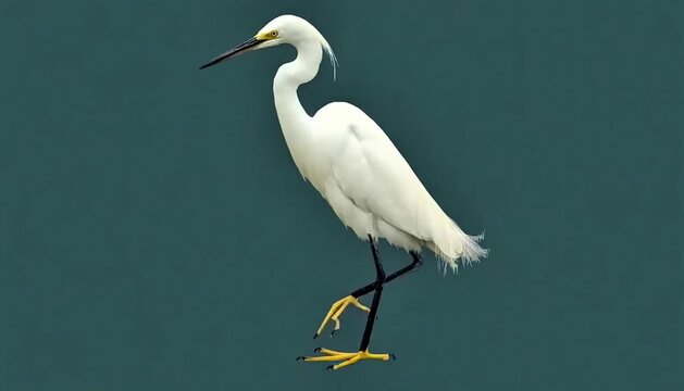 White egret bird walking gracefully isolated on green chroma key background