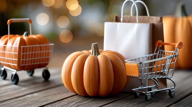 Fall harvest display features pumpkins and shopping carts in a cozy market setting during autumn, capturing the essence of the season