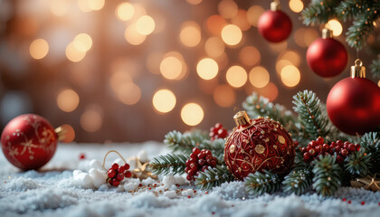 Christmas background with red and gold ornaments, pine branches, and bokeh lights, festive mood
