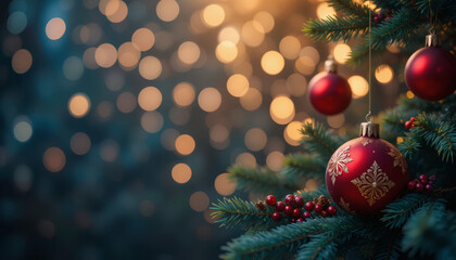 Christmas background with red and gold ornaments, pine branches, and bokeh lights, festive mood