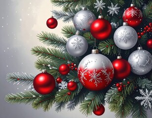 Fototapeta premium Festive Christmas Ornaments and Pine Branches with Snowflakes