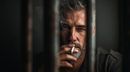 A rugged Caucasian man with gray hair smokes thoughtfully behind bars, creating a moody and intense atmosphere.