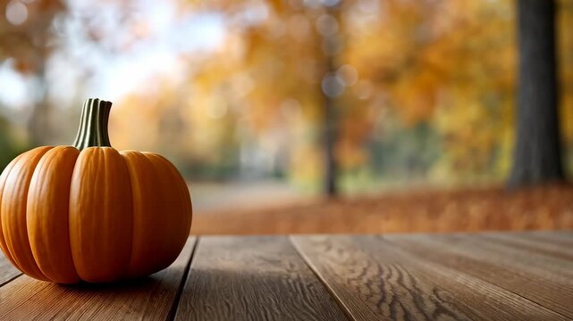 Fall harvest celebration showcasing pumpkins on a wooden table in a vibrant autumn park setting