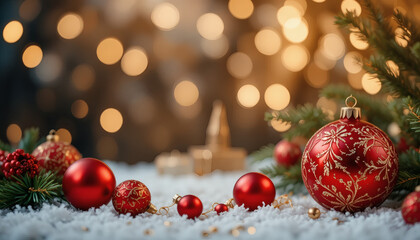Christmas background with red and gold ornaments, pine branches, and bokeh lights, festive mood