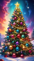 Fototapeta premium Decorated Christmas Tree with Colorful Ornaments and Glittering Lights