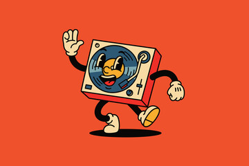 Retro Cartoon Turntable Character Dancing with Joyful Expression