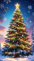 Obraz premium Festive Christmas Tree with Ornaments and Snowy Background