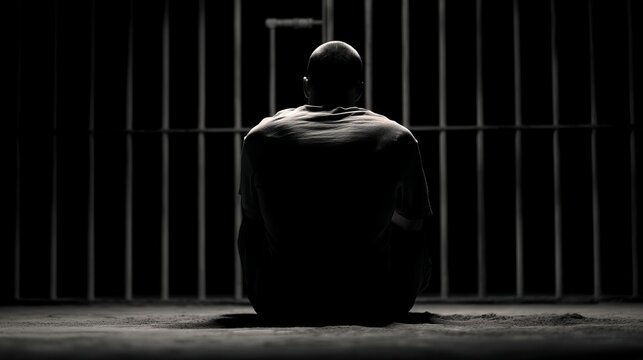 A somber male figure sits in solitude, silhouetted against the cold bars of a prison cell, evoking feelings of despair.