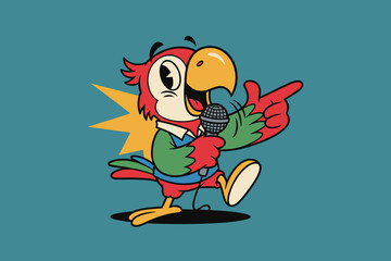 Cartoon Parrot Singing with Microphone Retro Mascot Character.