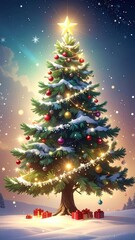 Obraz premium Sparkling Christmas Tree with Ornaments and Twinkling Lights