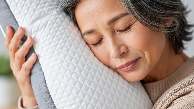 close-up of older woman smiling peacefully with eyes closed, hugging a white quilted pillow, expressing relaxation and comfort