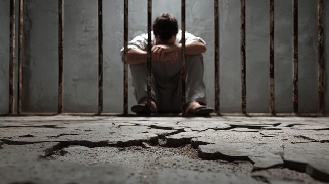 A male prisoner sits despondently on the cracked floor of a dark cell, portraying despair and solitude.