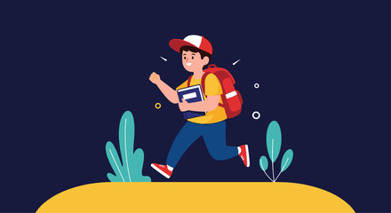 A cheerful schoolboy wearing a cap, backpack, and holding a book is actively running, full of enthusiasm for learning and new experiences.