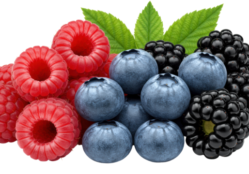 Close-up macro of fresh red raspberries, deep blue blueberries, shiny black blackberries, green leaves, on a transparent background with copy space, soft bokeh, concept of fresh healthy produce