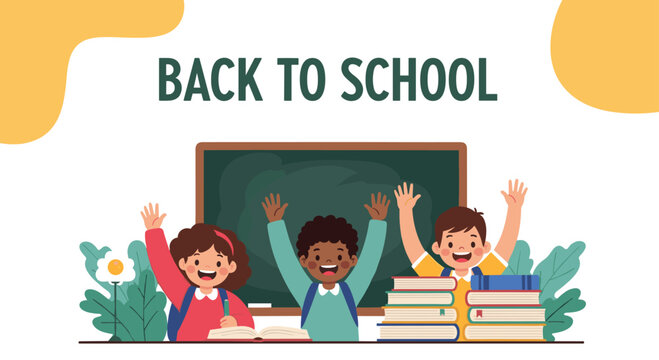 Happy diverse children with backpacks and books, eagerly raising their hands in front of a classroom blackboard, ready for a new school year. - Powered by Adobe