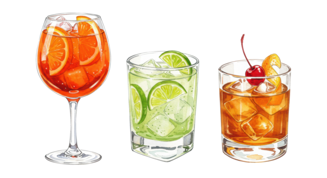 Vibrant watercolor illustrations of Aperol Spritz, Caipirinha, and Old Fashioned cocktails, garnished, on transparent background, hand-painted, concept for beverage advertising