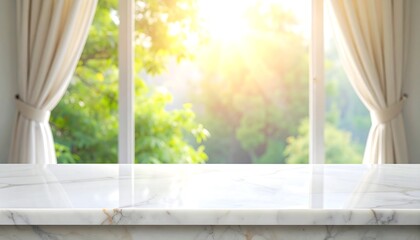 Marble surface in sunlight views green foliage through curtains.