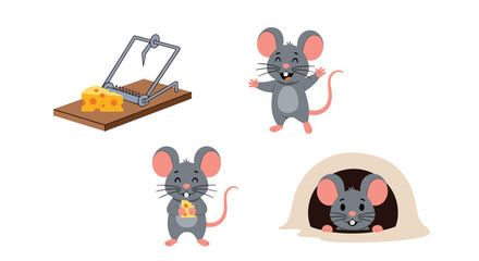 Cute cartoon mice and a mousetrap with cheese illustrate common mouse-related concepts and scenarios.