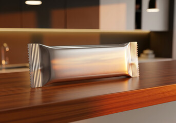Silver foil protein bar wrapper mockup on wooden kitchen surface

