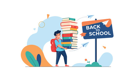 A cheerful student with a backpack carries a towering stack of books, ready for the new academic year as a Back to School sign stands by.