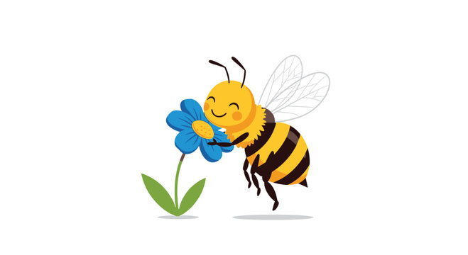 A cheerful cartoon bee with a striped body and transparent wings happily hovers near a vibrant blue flower.