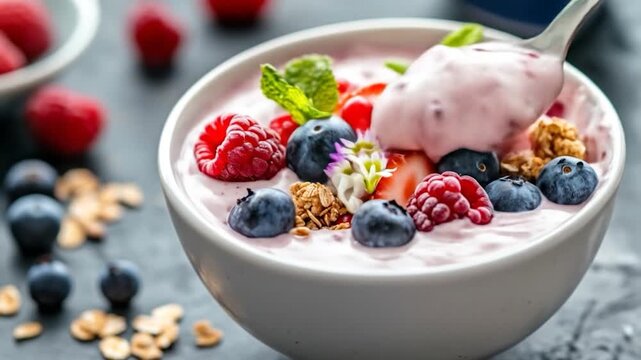 Healthy breakfast yogurt bowl with fresh berries granola and mint leaf on dark background