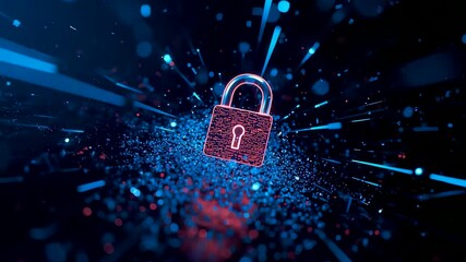 Glowing digital padlock surrounded by dynamic particles and bright neon streaks, highlighting modern cybersecurity protection in a high-tech environment - Powered by Adobe