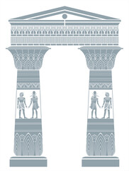 Fototapeta premium Vector illustration of ancient Egyptian temple columns decorated with hieroglyphic figures, lotus ornaments, and symbolic architectural details.