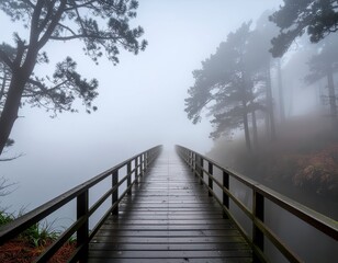Fototapeta premium Serene Wooden Bridge Amidst Foggy Landscape in Tranquil Setting