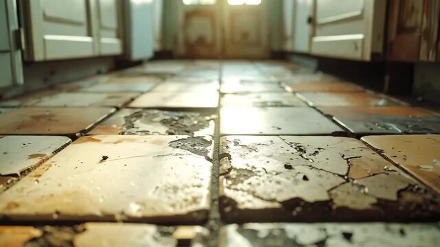 Macro low-angle shot of a cracked and worn tiled floor in an old kitchen, with soft daylight.